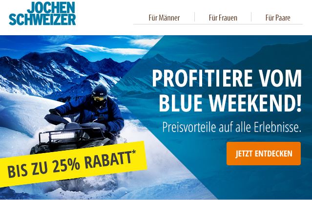 Jochen Schweizer - Profitiere vom Blue Weekend und spare bis zu 25 % Rabatt auf Erlebnisse